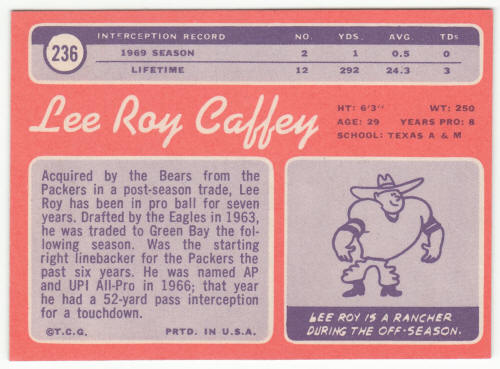 1970 Topps Football Card #236 Lee Roy Caffey back
