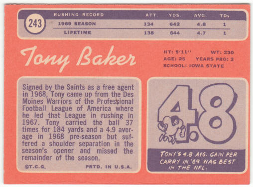 1970 Topps Football #243 Tony Baker Rookie Card