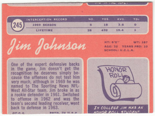 1970 Topps Football #245 Jimmy Johnson