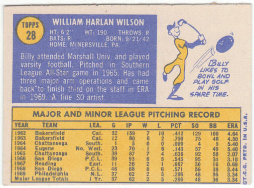 1970 Topps Baseball #28 Billy Wilson