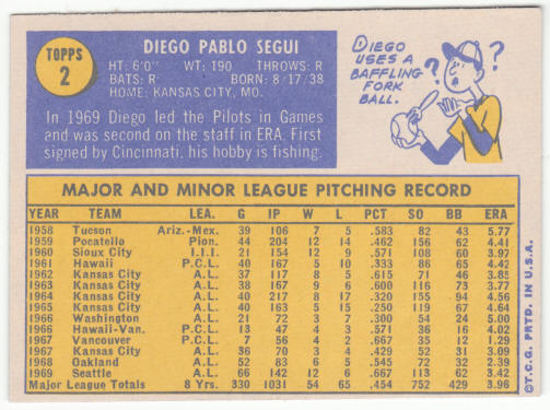 1970 Topps #2 Diego Segui back