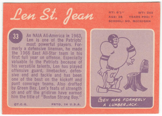 1970 Topps Football #33 Len St. Jean Rookie Card