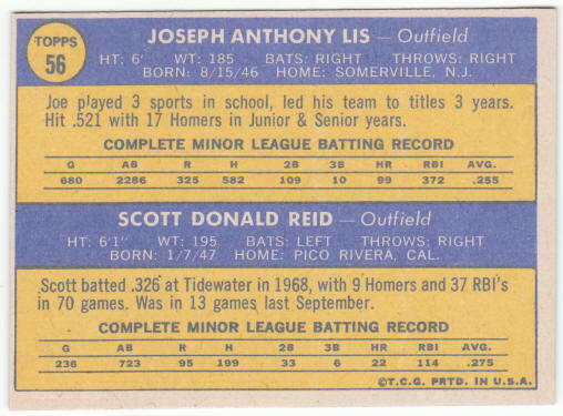 1970 Topps Baseball #56 Phillies Rookies Joe Lis Scott Reid