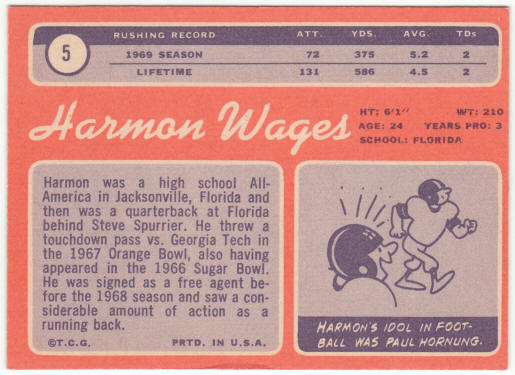 1970 Topps Football #5 Harmon Wages Rookie Card