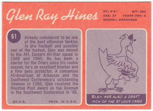 1970 Topps Football #61 Glen Ray Hines Rookie Card
