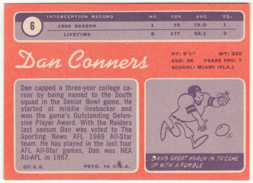 1970 Topps Football #6 Dan Conners Rookie Card