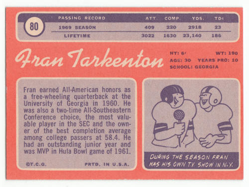 1970 Topps Football #80 Fran Tarkenton Card