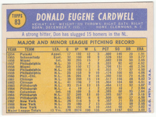 1970 Topps Baseball #83 Don Cardwell