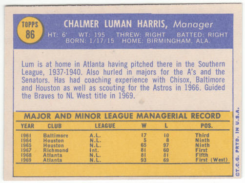 1970 Topps Baseball #86 Lum Harris