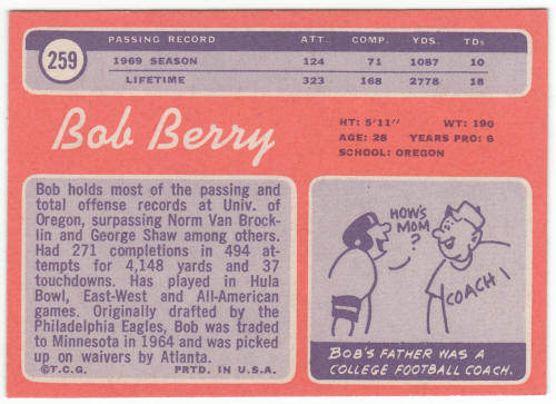 1970 Topps Football #259 Bob Berry Rookie Card back