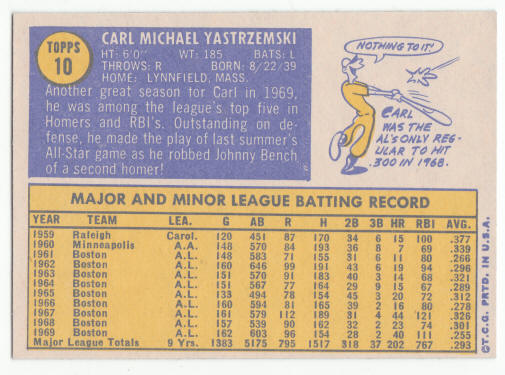 1970 Topps 10 Carl Yastrzemski back