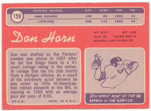 1970 Topps Football #159 Don Horn Rookie Card back