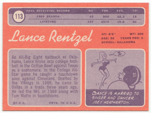 1970 Topps Football #113A lance Rentzel back