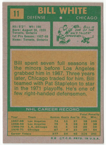 1971-72 Topps Hockey #11 Bill White