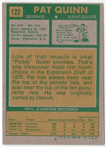 1971-72 Topps Hockey #122 Pat Quinn back