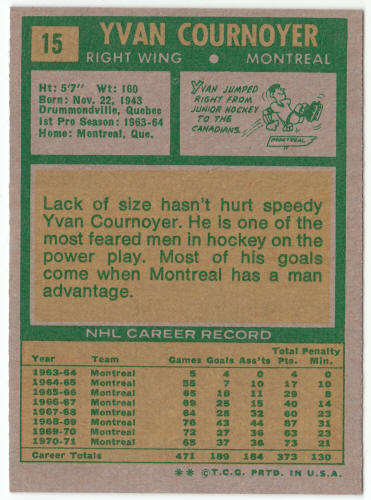 1971-72 Topps Hockey #15 Yvan Cournoyer back