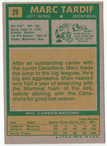 1971-72 Hockey #29 Marc Tardiff First Topps Card