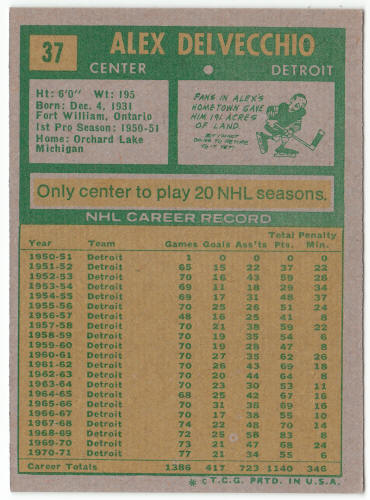 1971-72 Topps Hockey #37 Alex Delvecchio back