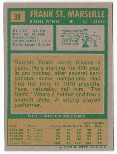 1971-72 Hockey #38 Frank St Marseille First Topps Card