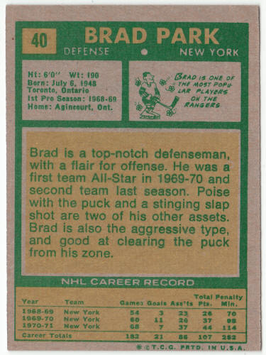 1971-72 Topps #40 Brad Park back