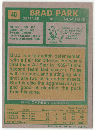 1971-72 Topps #40 Brad Park back