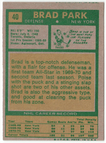 1971-72 Topps #40 Brad Park back