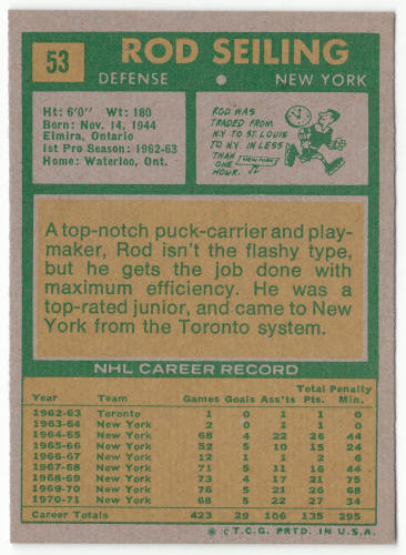 1971-72 Topps Hockey #53 Rod Seiling