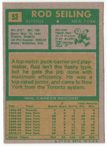 1971-72 Topps Hockey #53 Rod Seiling