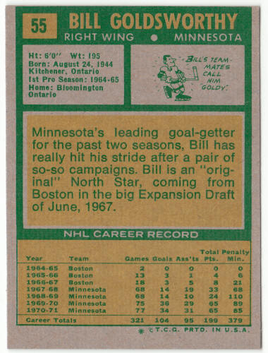 1971-72 Topps Hockey #55 Bill Goldsworthy
