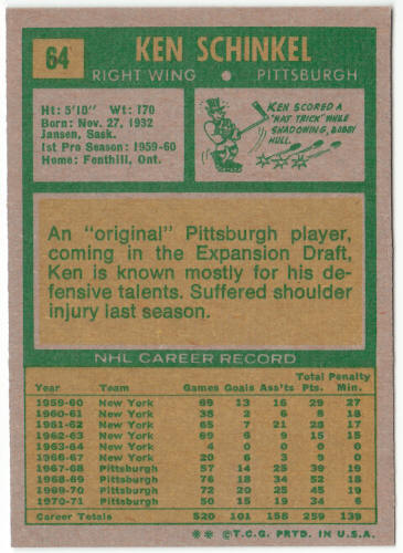 1971-72 Topps Hockey #64 Ken Schinkel