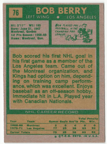 1971-72 Topps #76 Bob Berry Rookie Card back