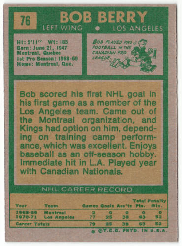 1971-72 Topps #76 Bob Berry Rookie Card back