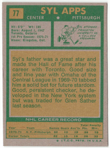 1971-72 Topps #77 Syl Apps Rookie Card back