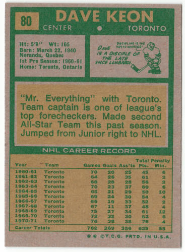 1971-72 Topps Hockey #80 Dave Keon back