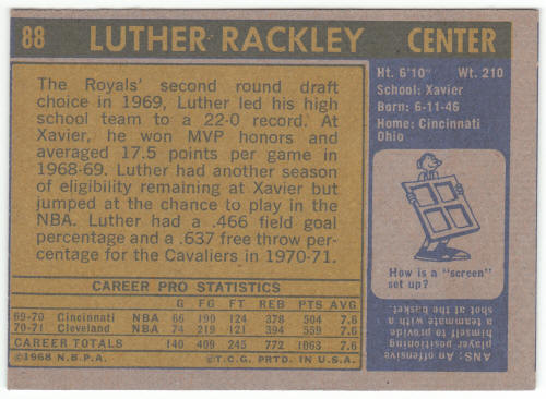 1971-72 Topps Basketball #88 Luther Rackley back