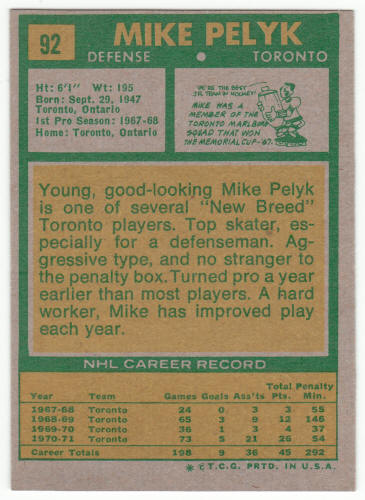 1971-72 Topps Hockey #92 Mike Pelyk