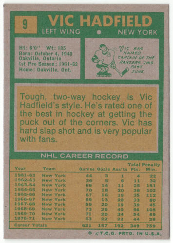 1971-72 Topps Hockey #9 Vic Hadfield