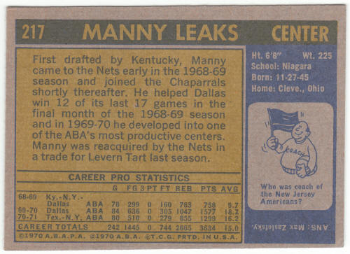 1971-72 Topps Basketball #217 Manny Leaks