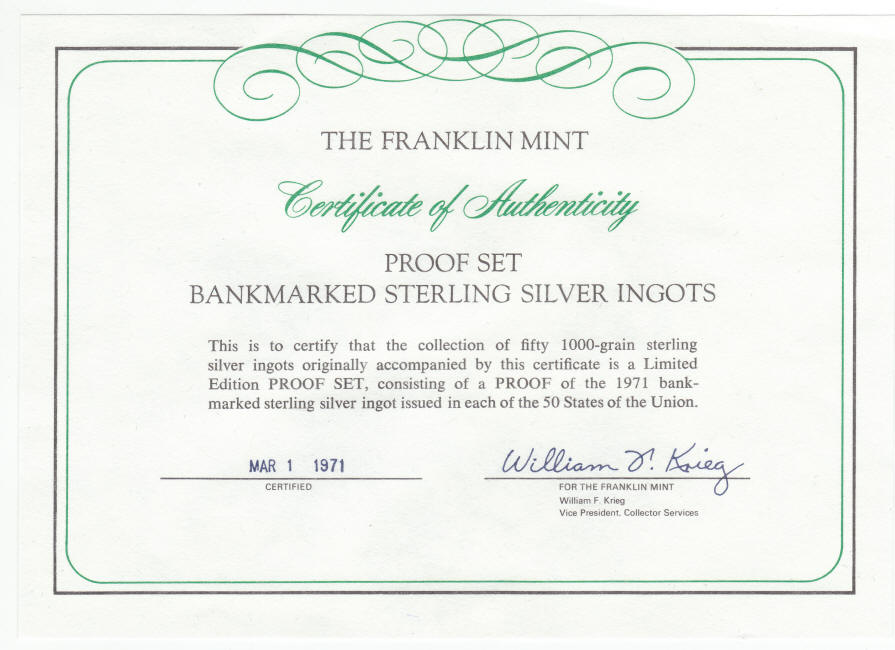 1971 Bankmarked 50 Sterling Silver Ingots COA