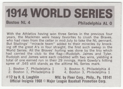 1971 Fleer 1914 World Series Card #12 Hank Gowdy