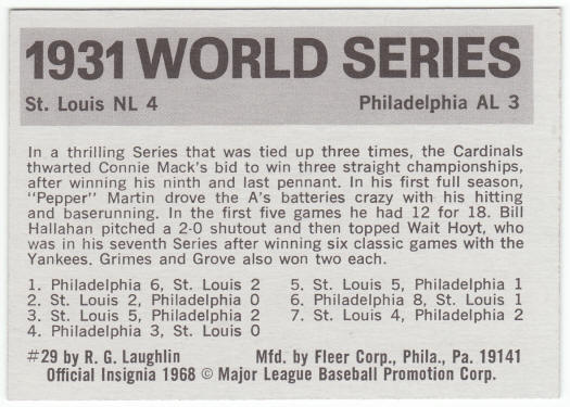 1971 Fleer 1931 World Series Card #29 Pepper Martin back