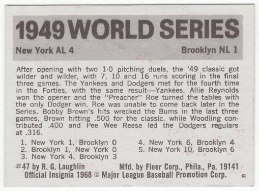 1971 Fleer 1949 World Series Card #47 Preacher Roe back