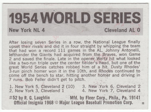 1971 Fleer 1954 World Series Card #52 Johnny Antonelli back