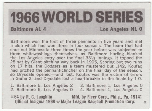 1971 Fleer 1966 World Series Card #64 back
