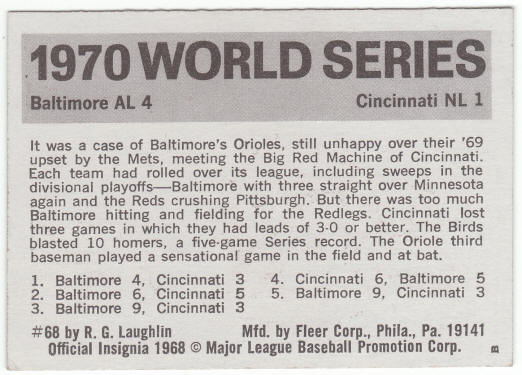 1971 Fleer 1970 World Series Card #68 back