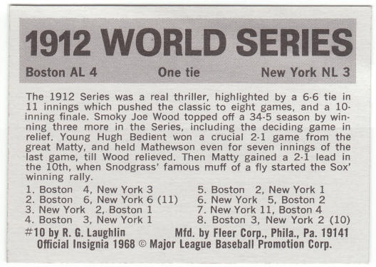 1971 Fleer 1912 World Series Card #10 Hugh Bedient back