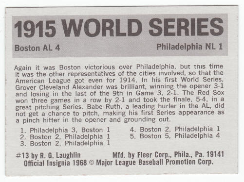 1971 Fleer 1915 World Series Card #13 back