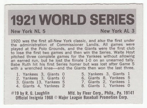 1971 Fleer 1921 World Series Card #19 Waite Hoyt back