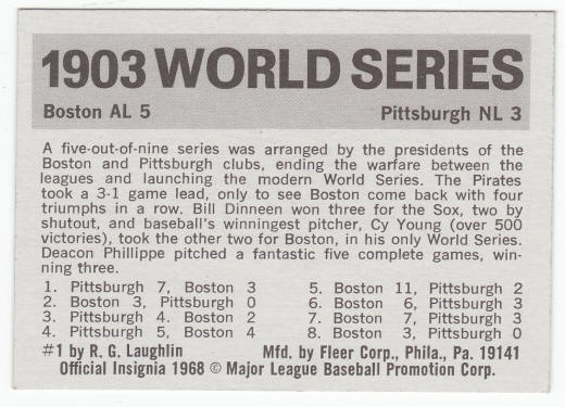 1971 Fleer 1903 World Series Card #1 Cy Young back