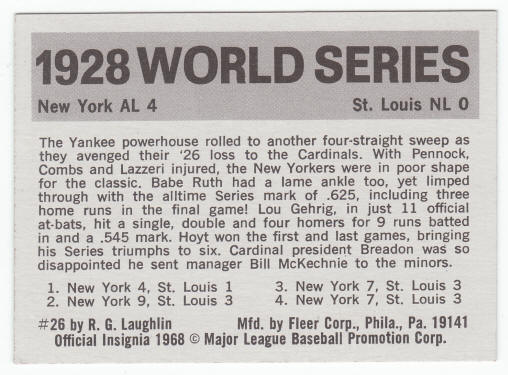1971 Fleer 1928 World Series Card #26 Lou Gehrig